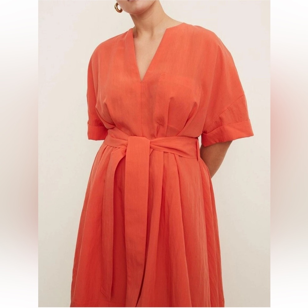Vince Cuffed Short Sleeve V-Neck Midi Dress in Burnt Orchid Tie Waist Colorful